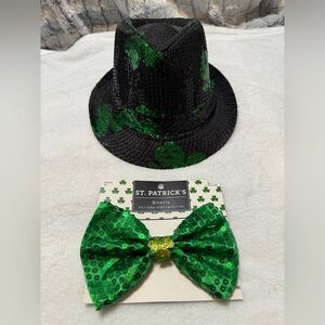 St. Patrick Black Hat with Green Sequin Shamrocks and Bowtie